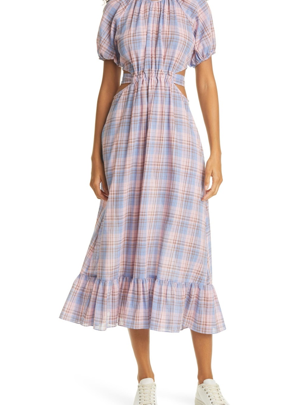 Likely Pastel Blue and Pink Plaid Cutout Midi Dress